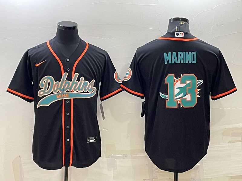 Mens Miami Dolphins #13 Dan Marino Black Team Big Logo With Patch Cool Base Stitched Baseball Jersey->miami dolphins->NFL Jersey